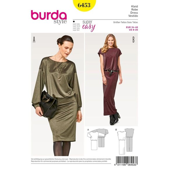 Burda Sewing Pattern 6453 Jersey Dress Misses Size 8-20 - Picture 1 of 2